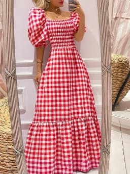 VONDA 2026 Summer Women Maxi Dress Casual Short Sleeve Square Collar Vintage Plaid Party Bohemian Vestidos Loose Long Sundress