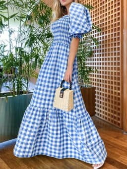 VONDA 2026 Summer Women Maxi Dress Casual Short Sleeve Square Collar Vintage Plaid Party Bohemian Vestidos Loose Long Sundress