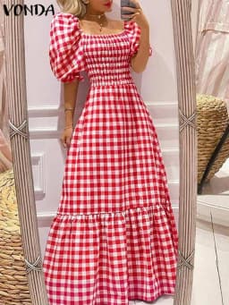 VONDA 2026 Summer Women Maxi Dress Casual Short Sleeve Square Collar Vintage Plaid Party Bohemian Vestidos Loose Long Sundress