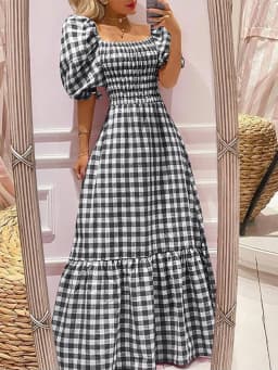 VONDA 2026 Summer Women Maxi Dress Casual Short Sleeve Square Collar Vintage Plaid Party Bohemian Vestidos Loose Long Sundress