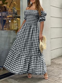 VONDA 2026 Summer Women Maxi Dress Casual Short Sleeve Square Collar Vintage Plaid Party Bohemian Vestidos Loose Long Sundress