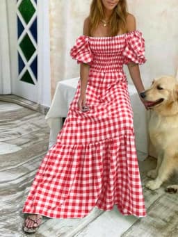 VONDA 2026 Summer Women Maxi Dress Casual Short Sleeve Square Collar Vintage Plaid Party Bohemian Vestidos Loose Long Sundress