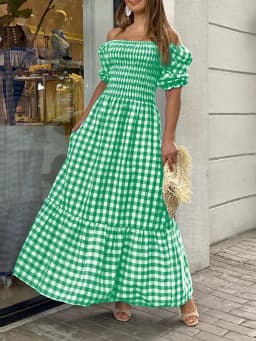 VONDA 2026 Summer Women Maxi Dress Casual Short Sleeve Square Collar Vintage Plaid Party Bohemian Vestidos Loose Long Sundress