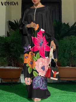 VONDA Oversized Dress Bohemian Women Long Sleeve Satin Party Dress Robe Autumn Vintage Casual Floral Printed Maxi Long Sundress