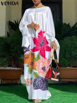 VONDA Oversized Dress Bohemian Women Long Sleeve Satin Party Dress Robe Autumn Vintage Casual Floral Printed Maxi Long Sundress
