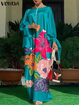 VONDA Oversized Dress Bohemian Women Long Sleeve Satin Party Dress Robe Autumn Vintage Casual Floral Printed Maxi Long Sundress