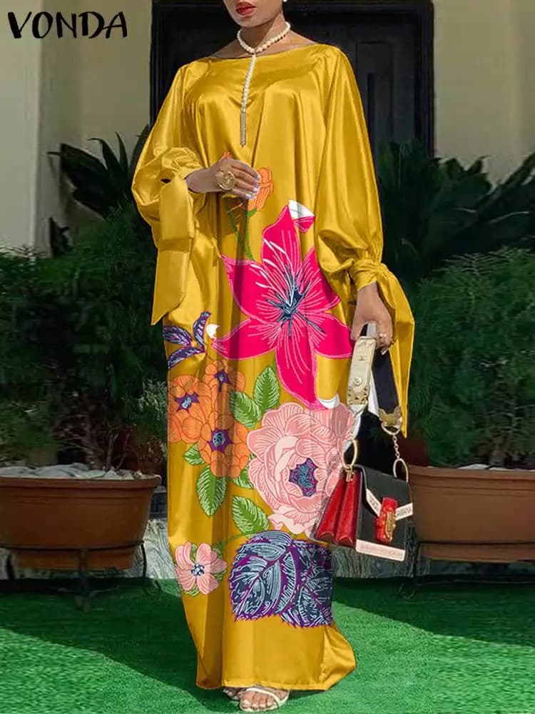 VONDA Oversized Dress Bohemian Women Long Sleeve Satin Party Dress Robe Autumn Vintage Casual Floral Printed Maxi Long Sundress