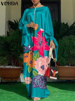 VONDA Oversized Dress Bohemian Women Long Sleeve Satin Party Dress Robe Autumn Vintage Casual Floral Printed Maxi Long Sundress