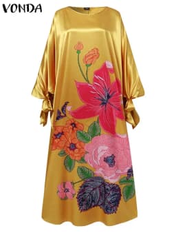 VONDA Oversized Dress Bohemian Women Long Sleeve Satin Party Dress Robe Autumn Vintage Casual Floral Printed Maxi Long Sundress