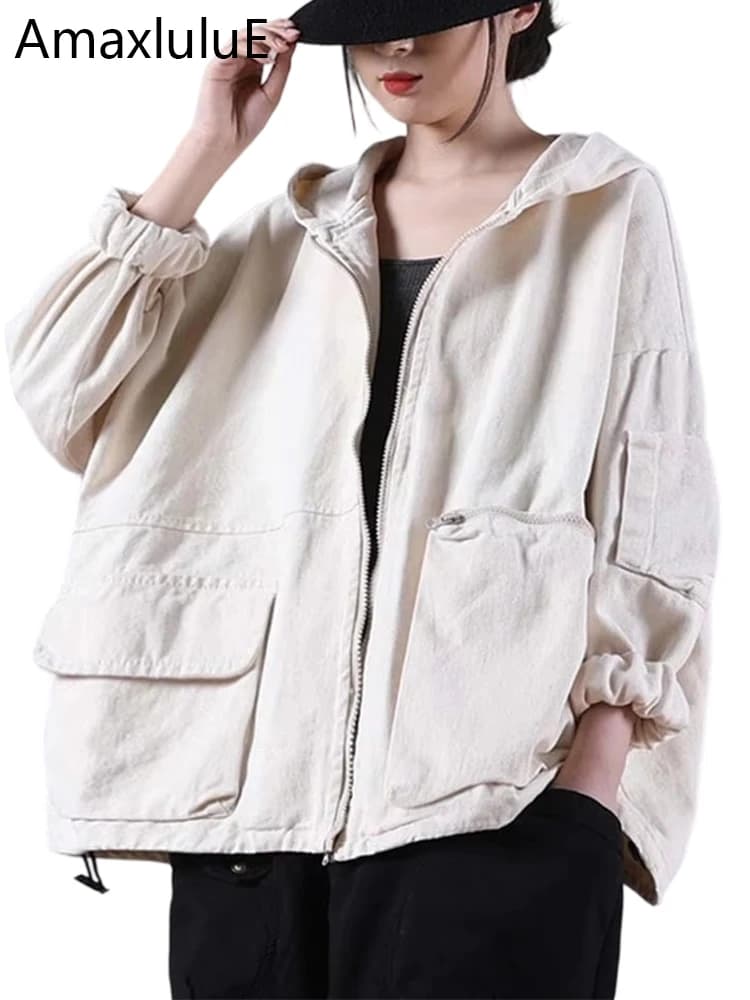 Amax luluE Autumn New Jacket 2024 Women White Hooded Zipper Coat Casual Loose Streetwear Female Pockets Vintage Harajuku Clothes