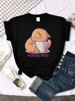 T-Shirts Cat Is Looking At The Cup Lovely Printed T Shirt For Woman Goth Korean Style Women Clothes Funny Vintage Womens Tshirt