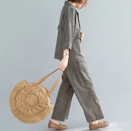 Spring summer new style literary leisure cotton linen striped one-button small suit wide-leg pants temperament fashion set women
