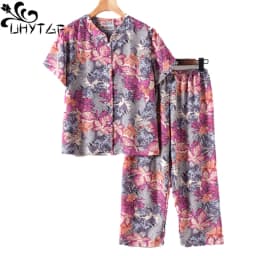 UHYTGF Middle-Aged Elderly Womens Suit Fashion Printing Casual Thin Summer Two-Piece Set Comfortable 3XL Big Size Tracksuit 1378