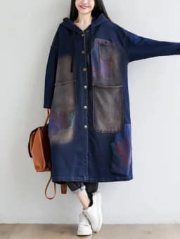 Amax luluE 2024 Autumn Korean Luxury Brand Ladies Vintage Demin Coats Women Casual Printed Trenches Hooded Oversized Windbreaker