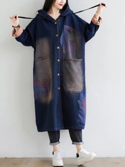 Amax luluE 2024 Autumn Korean Luxury Brand Ladies Vintage Demin Coats Women Casual Printed Trenches Hooded Oversized Windbreaker