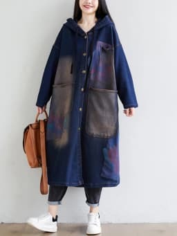 Amax luluE 2024 Autumn Korean Luxury Brand Ladies Vintage Demin Coats Women Casual Printed Trenches Hooded Oversized Windbreaker