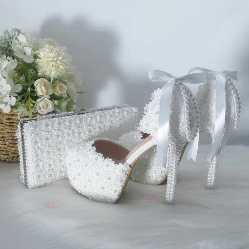 BaoYaFang Tassel pearl Fashion wedding shoes and bags Bride High heels Platform shoes ladies ankle strap party dress shoes woman