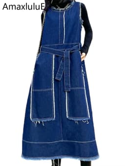 Amax LuluE Korean Luxury Fashion Spring Women Vintage Denim Vest Dress Ladies Casual Sleeveless Vestido Female Oversized Clothes