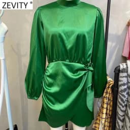ZEVITY Women Fashion Half High Collar Side Bow Tied Green Soft Satin Mini Dress Female Chic Irregular Hem Party Vestidos DS9085