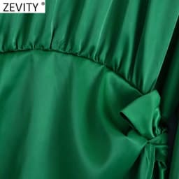 ZEVITY Women Fashion Half High Collar Side Bow Tied Green Soft Satin Mini Dress Female Chic Irregular Hem Party Vestidos DS9085