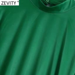 ZEVITY Women Fashion Half High Collar Side Bow Tied Green Soft Satin Mini Dress Female Chic Irregular Hem Party Vestidos DS9085