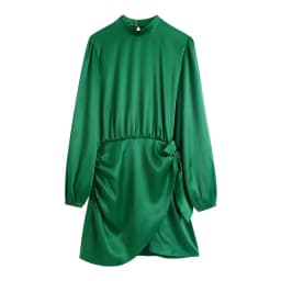 ZEVITY Women Fashion Half High Collar Side Bow Tied Green Soft Satin Mini Dress Female Chic Irregular Hem Party Vestidos DS9085