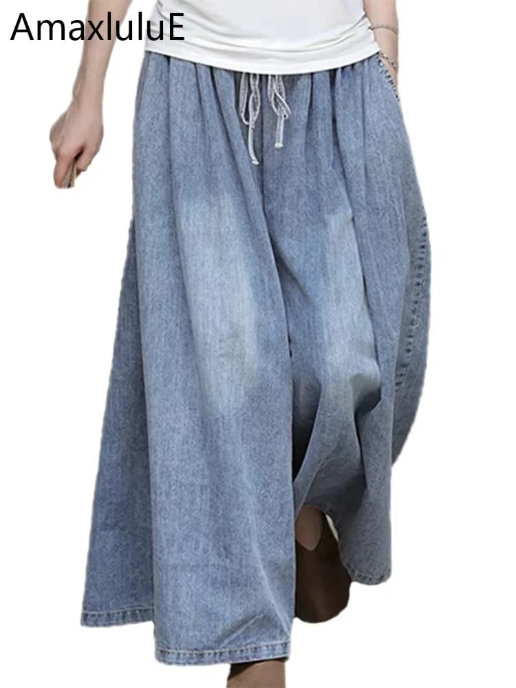 AmaxluluE 2025 Spring Harajuku Design Womens Wide Leg Pants Vintage Loose Female Denim Pants Korean Pockets Leisure Blue Jeans