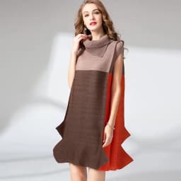 Women's Doll Collar Cuff Patchwork Pleated Midi Dress Loose Mid Length Dress Contrasting Colors Slim English Sen Feminine New