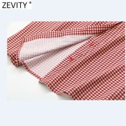 Zevity Women Vintage Red Houndstooth Print Patchwork Casual Smock Blouse Office Lady Pocket Patch Shirts Chic Blusas Tops LS9341