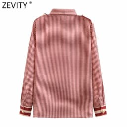 Zevity Women Vintage Red Houndstooth Print Patchwork Casual Smock Blouse Office Lady Pocket Patch Shirts Chic Blusas Tops LS9341