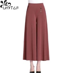 UHYTGF Fashion Summer Culottes Women's Elastic High Waist Wide Leg Female Thin Trousers Elegant Ladies Casual Skirt Pants 1765