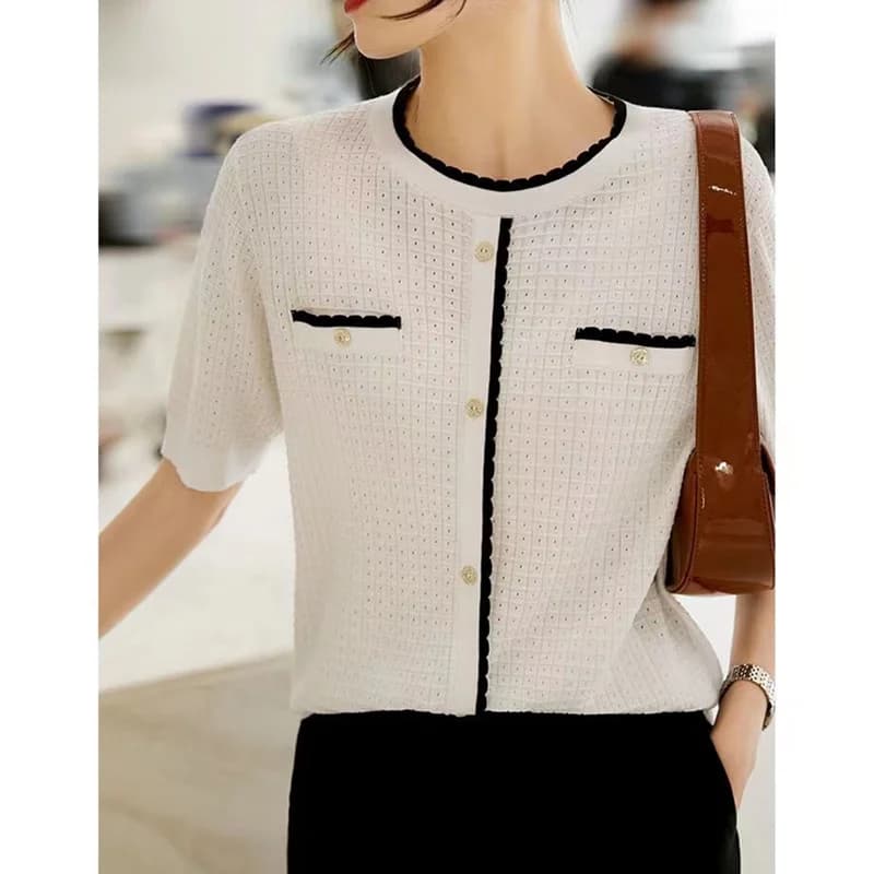 Hollow-out ice silk short sleeve knitted half sleeve summer wear new round collar T shirt women's fashionable versatile thin top