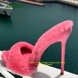 Pink Stiletto Plush Slippers Pointy Toe Thin Heeled Solid Women's Slippers Slip On Sexy Outside 2023 New Arrival Plus Size Shoes