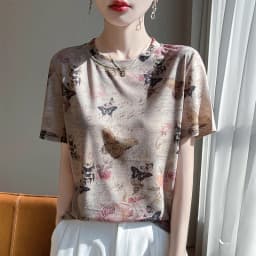 New 2026 Summer Crewneck Printed Knitted Women's Short-sleeved Elegant Joker Top