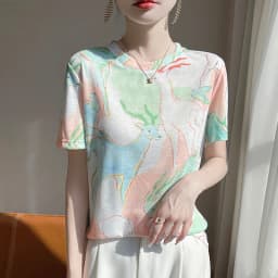 New 2026 Summer Crewneck Printed Knitted Women's Short-sleeved Elegant Joker Top