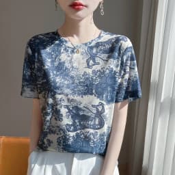 New 2026 Summer Crewneck Printed Knitted Women's Short-sleeved Elegant Joker Top