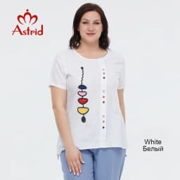 Astrid Summer Women's T-shirt 2023 Cotton Linen Top Female Oversized Short Sleeve Tee Colorful Sequins Button Fashion Clothing