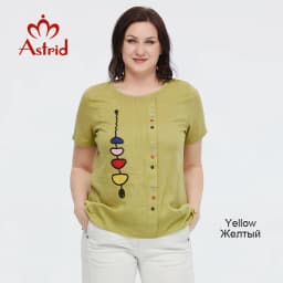 Astrid Summer Women's T-shirt 2023 Cotton Linen Top Female Oversized Short Sleeve Tee Colorful Sequins Button Fashion Clothing