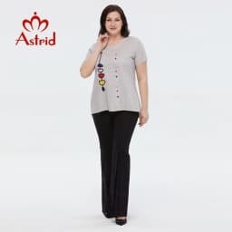 Astrid Summer Women's T-shirt 2023 Cotton Linen Top Female Oversized Short Sleeve Tee Colorful Sequins Button Fashion Clothing