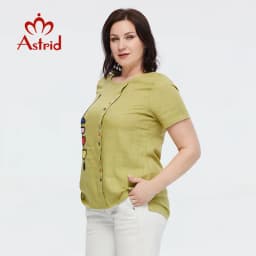Astrid Summer Women's T-shirt 2023 Cotton Linen Top Female Oversized Short Sleeve Tee Colorful Sequins Button Fashion Clothing