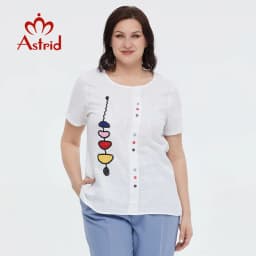 Astrid Summer Women's T-shirt 2023 Cotton Linen Top Female Oversized Short Sleeve Tee Colorful Sequins Button Fashion Clothing