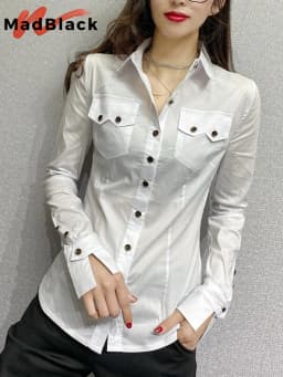 MadBlack New Spring Women's Long Sleeve Green Shirts Autumn Office Lady Pocket Blouses Women Button Up Tops 2026 T33111Z
