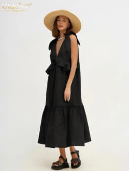 Clacive Sexy Yellow Linen Summer Dress Fashion Deep V-Neck Sleeveless Midi Dress Elegant Ruffle Backless Dresses For Women 2023