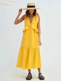 Clacive Sexy Yellow Linen Summer Dress Fashion Deep V-Neck Sleeveless Midi Dress Elegant Ruffle Backless Dresses For Women 2023