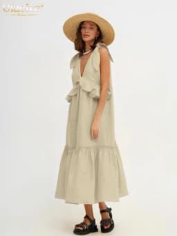 Clacive Sexy Yellow Linen Summer Dress Fashion Deep V-Neck Sleeveless Midi Dress Elegant Ruffle Backless Dresses For Women 2023