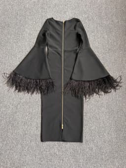 Factory Wholesale Women's Black Long Sleeve Feather Fashion Medium Length Boutique Celebrity Cocktail Party Bandage Dress