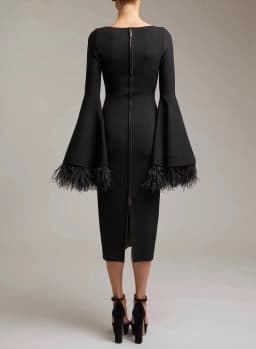 Factory Wholesale Women's Black Long Sleeve Feather Fashion Medium Length Boutique Celebrity Cocktail Party Bandage Dress