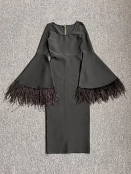Factory Wholesale Women's Black Long Sleeve Feather Fashion Medium Length Boutique Celebrity Cocktail Party Bandage Dress