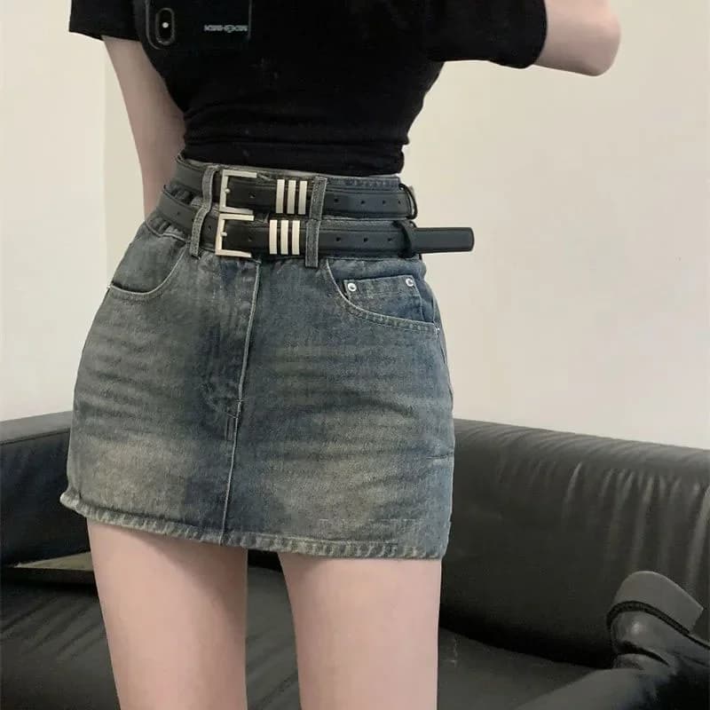 American Style Hot Chick Jean Skirts Women Fashion High Street Belt Slim Fit Mini Skirt Female Vintage High Waist Denim Skirts
