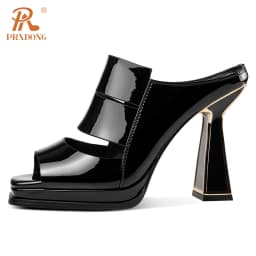PRXDONG Women's Shoes New 2023 Summer Brand Genuine Leather High Heel Open Toe Black White Dress Party Female Sandals Size 34-39